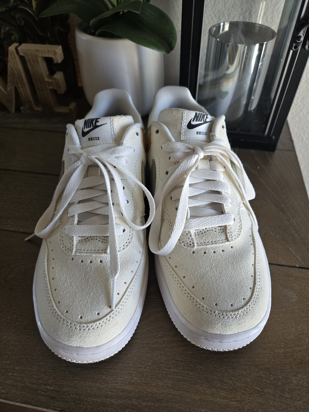 Nike Air Force 1 Cream/White Low-Top Sneakers with Green & Yellow Accents - Picture 2 of 8